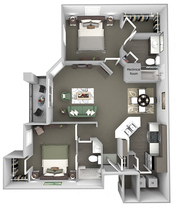 Floor plan for 2 beds, 2 baths, 1091 sqft